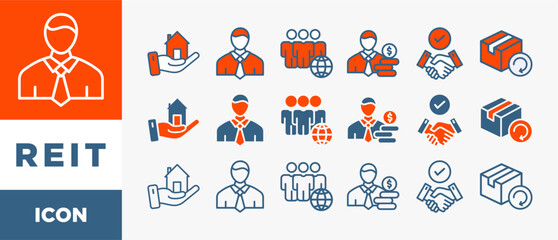 REIT icon set with various styles and colors real estate investment trust with icon of real estate, manager, broker, investor, trust and return