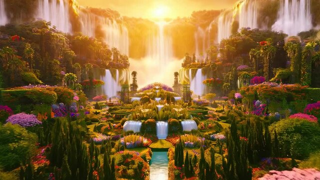 Majestic golden gates open to enchanting garden with cascading waterfalls and vibrant flowers