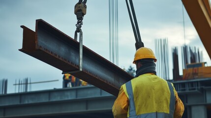 Heavy machinery operator lifting steel beams with a crane. Featuring coordination and strength