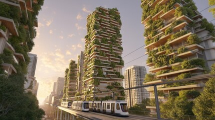 Fototapeta premium Eco-Friendly Vertical Gardens on Modern Skyscrapers with Solar Panels and Green Skybridges, Electric Tram Commuting Below in Golden Hour Sustainable Cityscape
