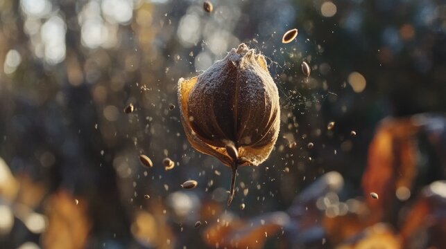 Dried seed pod exploding in autumn garden