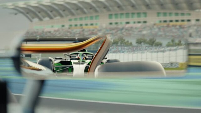 Close-up of the rear view mirror of a generic race car showing the chasing race car. 3d animation rendering. New 2025 black and gold race car design