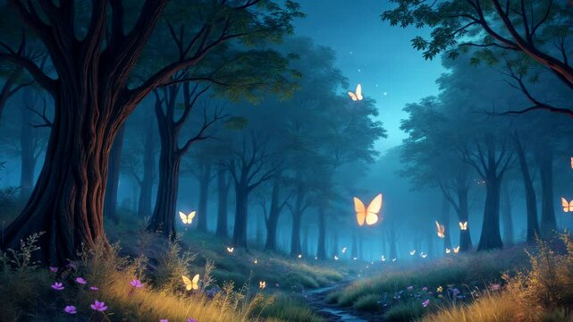 Mystical forest path illuminated by glowing butterflies in twilight. Magical woodland scene with luminous yellow and blue butterflies floating among misty trees and colorful wildflowers creating an en