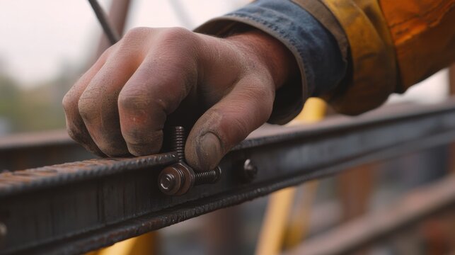 Construction worker tightening bolts on a steel structure. Featuring focus and precision