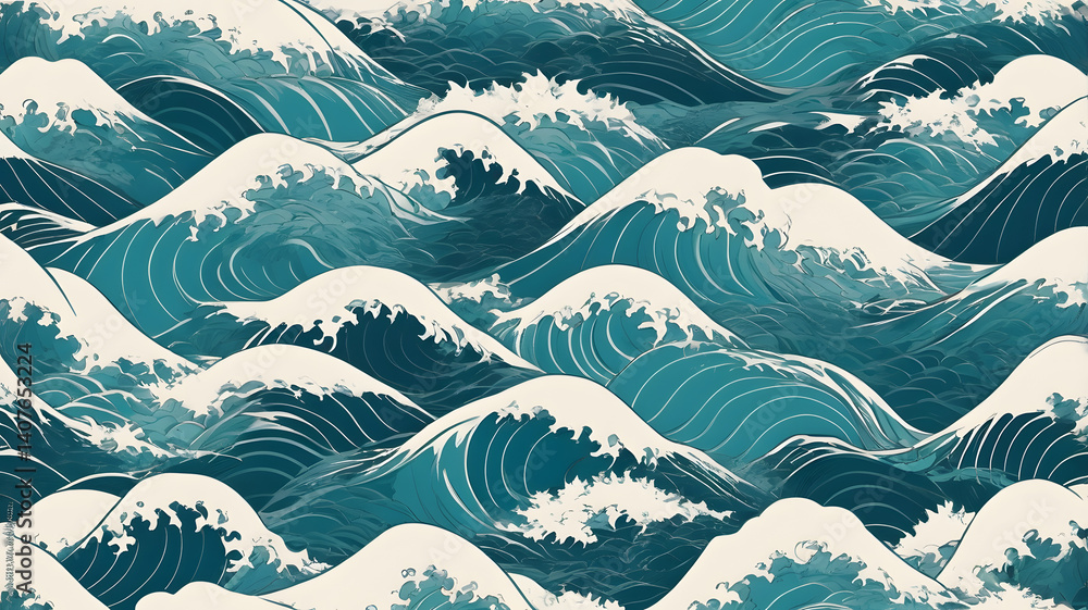 Poster ocean wave pattern: a mesmerizing pattern of turquoise ocean waves crashing and receding, reminiscen