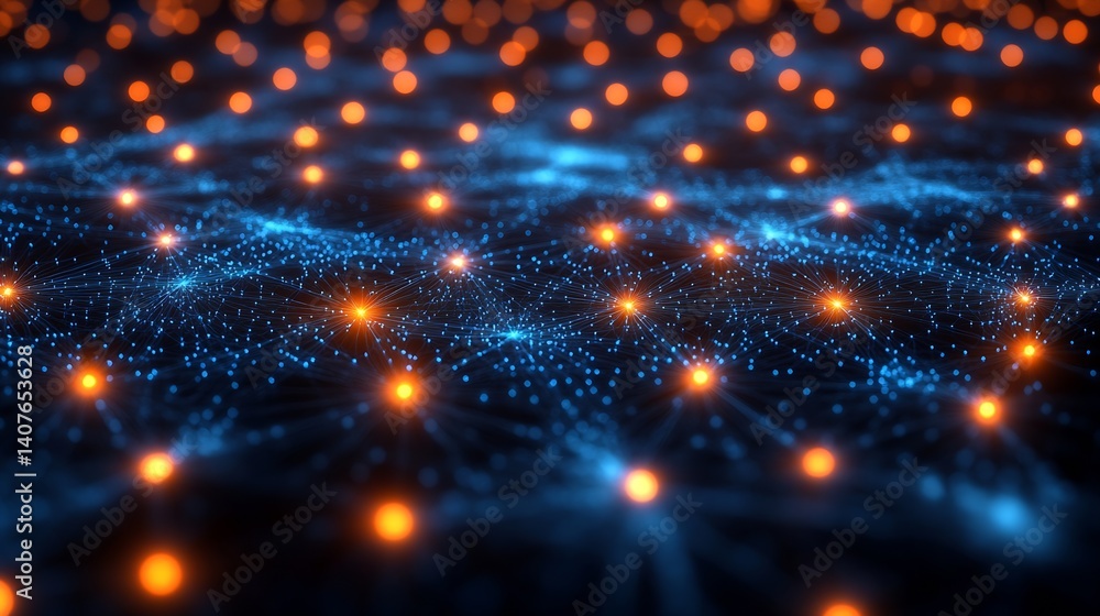 Poster Intricate digital patterns featuring blue waves and glowing orange points representing technology networks : Generative AI