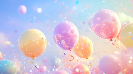 Colorful floating balloons with sparkling confetti in soft pastel light, festive celebration background
