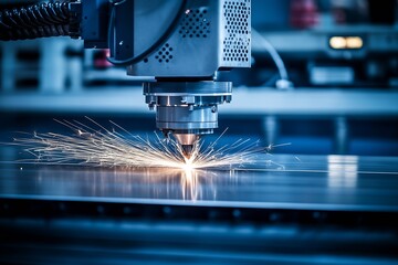 Industrial laser cutting equipment creating detailed patterns on metal sheets with bright sparks : Generative AI