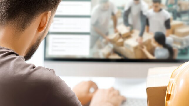 man is focused on reviewing quality control data on computer, with warehouse scene visible on screen, showcasing busy environment. atmosphere conveys diligence and attention to detail