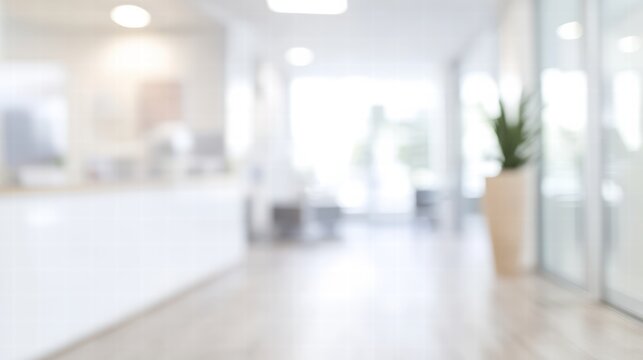 modern clinic hallway featuring blurred medical environment, creating sense of calm and professionalism. space is well lit with natural light, enhancing welcoming atmosphere