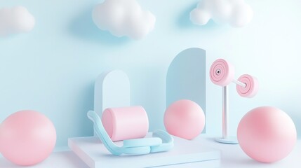 Pastel Gym Scene with Weights and Clouds