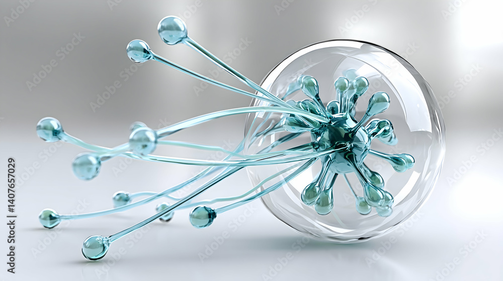 Poster abstract 3d rendering of a glass sphere containing a teal, interconnected structure with radiating t