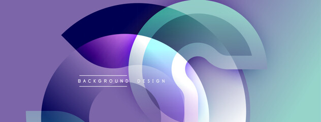 Abstract fluid shapes overlap, creating dynamic purple, teal gradients. Modern design utilizes transparency, layering for visual interest. Minimal text present.