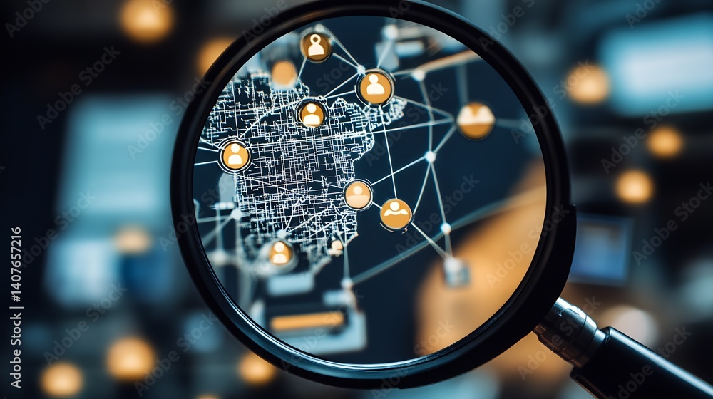 Poster Magnifying glass over a digital map showcasing user profiles and connections within a social network ecosystem : Generative AI