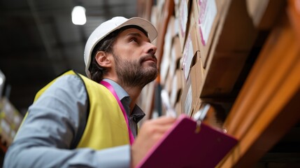 focused engineering worker in safety helmet and vest is conducting thorough check of inventory in warehouse, ensuring everything is in order and organized
