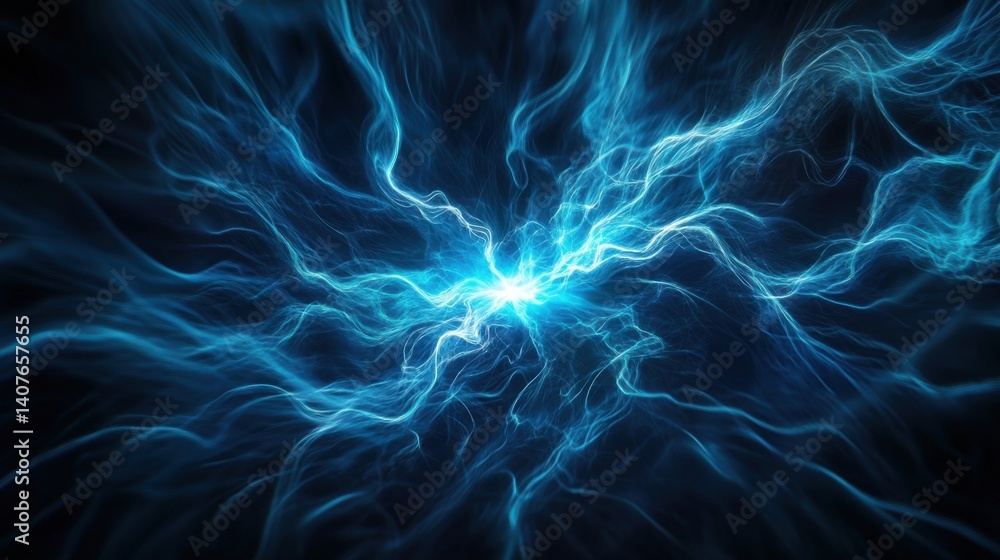 Poster electric blue energy burst with dynamic light patterns and fluid motion effect in dark background