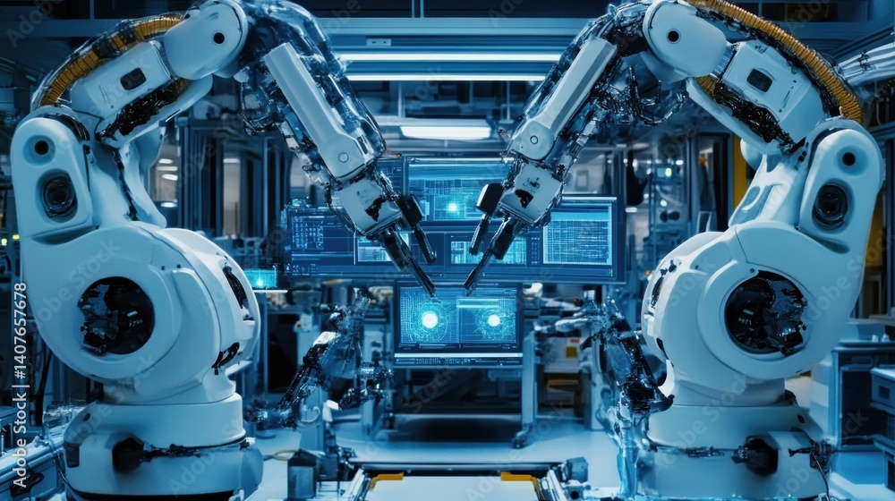 Poster automated robotic arms working in a factory