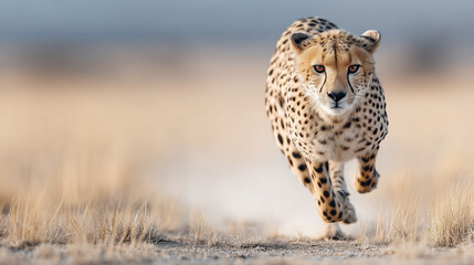 Naklejka premium A cheetah sprints forward through a dry, grassy landscape, focused and determined, showcasing its power and grace in motion.