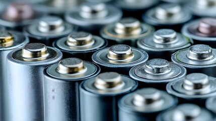 Obraz premium Close-up top view shows cylindrical lithium batteries with visible terminals, some slightly worn, emphasizing detailed textures and shallow depth of field. 