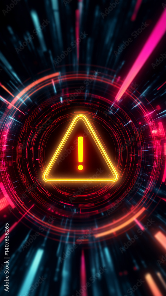 Poster neon warning triangle with exclamation mark, centered in a circular digital interface with glowing l