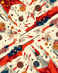 Fototapeta premium Geopolitical Conflict: A Clash of Flags and Finances