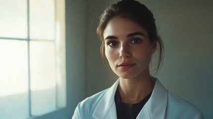 Confident female doctor in white coat, embodying professionalism and trust in healthcare.
