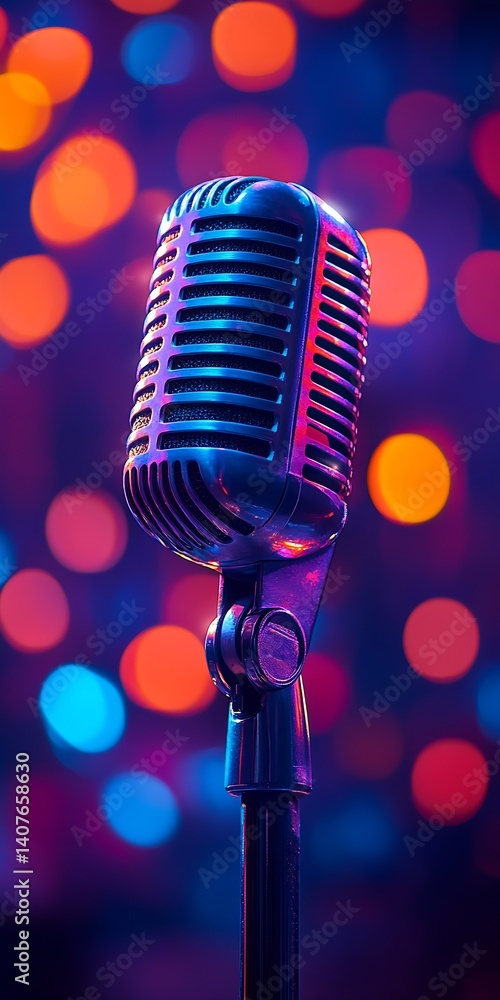 Poster vintage style microphone with colorful bokeh background in a live performance setting : generative a