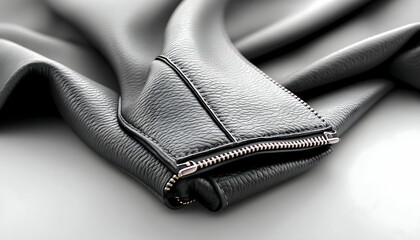 Close-up of a crumpled dark grey leather jacket, zipper detail visible