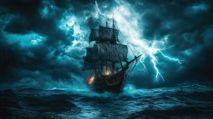 Fototapeta premium Stormy night at sea with a historic ship battling fierce waves and lightning strikes during a turbulent storm