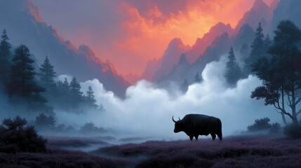 A serene landscape features a yak, nestled amidst fog and mountains. Beautiful, misty atmosphere, stunning sunset