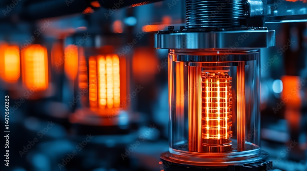 Fototapete close-up view of glowing orange components in a high-tech industrial setup showcasing modern technol