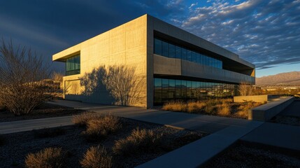 Obraz premium Modern concrete building sunset shadows desert landscape