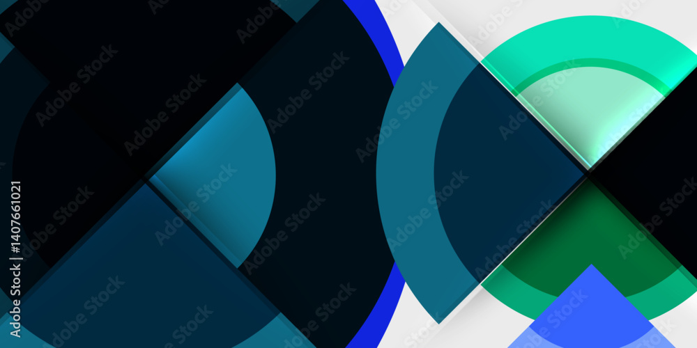 Poster Abstract geometric composition. Overlapping circles, squares create dynamic visual effect. Shades blue, teal, green dominate design. Modern, minimalist aesthetic.