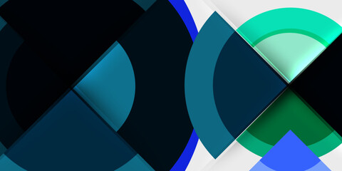Obraz premium Abstract geometric composition. Overlapping circles, squares create dynamic visual effect. Shades blue, teal, green dominate design. Modern, minimalist aesthetic.