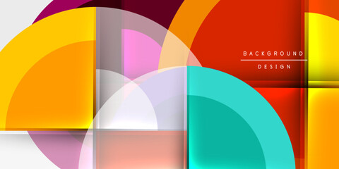 Fototapeta premium Abstract geometric composition. Overlapping circles, rectangles create vibrant colorful design. Gradient shades, translucent layers offer modern aesthetic. Smooth transitions, dynamic visual experienc