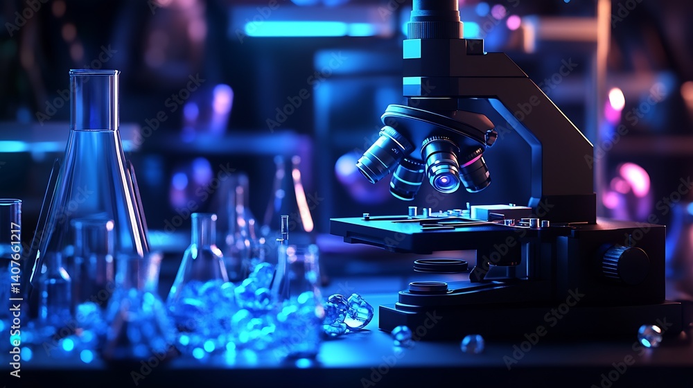 Aufkleber microscope set against a backdrop of laboratory glassware and vibrant colors symbolizing scientific 