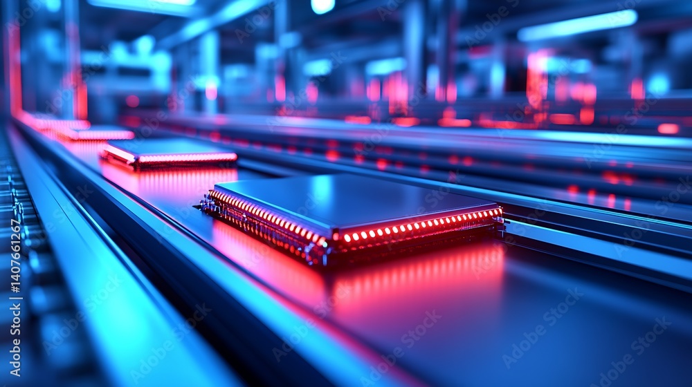 Poster Detailed view of microprocessors on a sleek conveyor belt in a cutting-edge tech environment : Generative AI