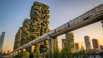 Fototapeta premium Eco-Friendly Vertical Gardens on Modern Skyscrapers with Solar Panels and Green Skybridges, Electric Tram Commuting Below in Golden Hour Sustainable Cityscape