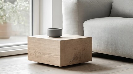 Modern living room with grey couch and wooden table, soft light, minimalistic design, blurred background.
