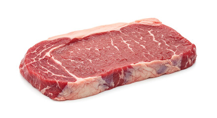 Juicy raw strip steak ready for grilling perfect cut of beef rich red color close up shot against