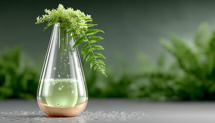 Glass vase with fern and light green liquid, on gray surface