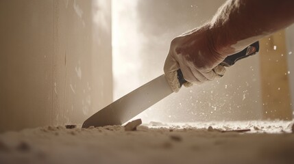 Interior renovation specialist cutting drywall with a utility knife. Featuring precision and efficiency