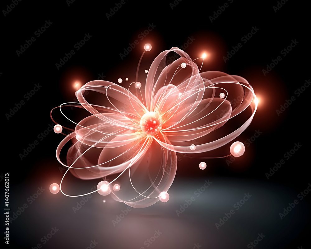 Poster glowing abstract particle orbits resembling a flower