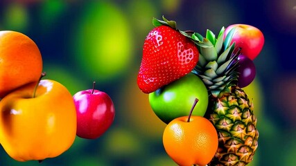 Vibrant fruits in motion: strawberries, apples, pineapples, oranges, and grapes floating against a colorful background - Powered by Adobe