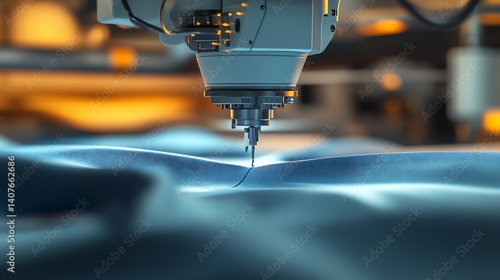 Poster innovative sewing machine showcasing precision stitching on a luxurious fabric surface : generative 