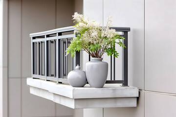 Grey ceramic vases with white flowers on modern balcony