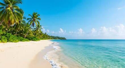 Idyllic tropical beach featuring soft white sand, swaying coconut palm trees, sparkling turquoise water, and a clear blue sky