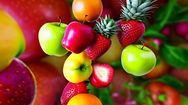 Vibrant fruits in motion with fresh strawberries, apples, and pineapples