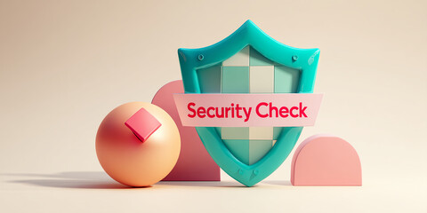 Teal shield with Security Check banner on pastel background, showcasing a digital security concept, ideal for online safety or data protection campaigns