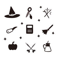 A whimsical collection of Halloween icons featuring a witch's hat, broom, and pumpkin, with a touch of simple black and white design.